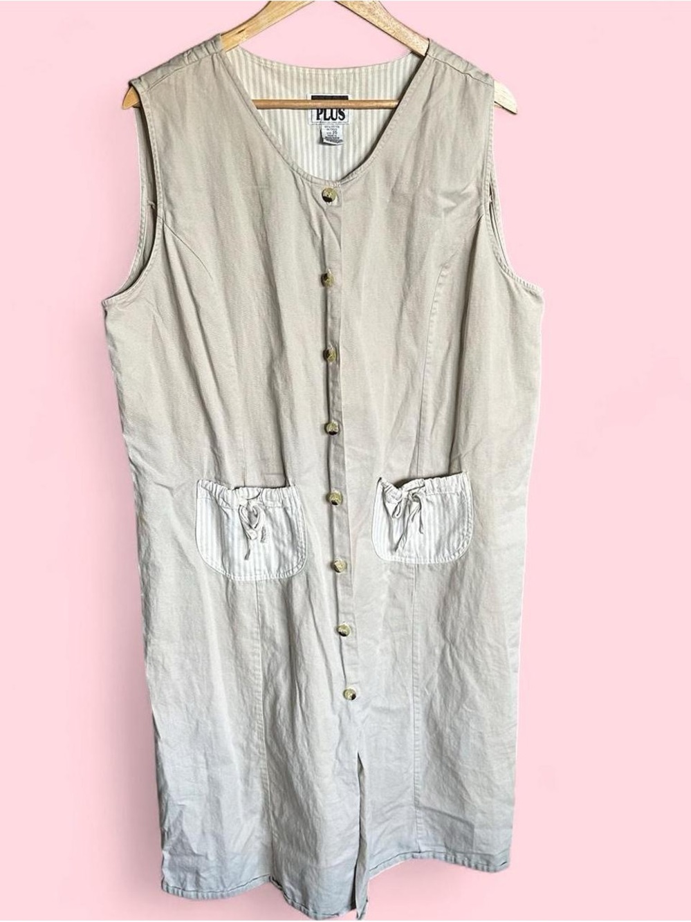 Plus 90s Sleeveless Button-Front Smock Cream Day Dress